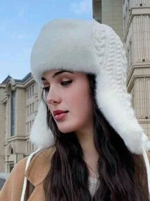 1pc Women's Solid Color Striped Trapper Hat, Fashionable And Versatile Knitted Cable Beanie For Autumn/Winter, Suitable For Outdoor Activities Like Skiing
