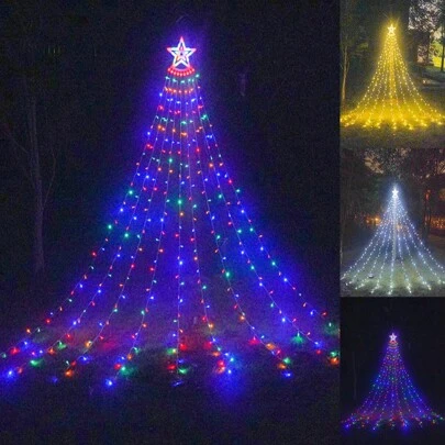 2024新款LED五角星瀑布灯、太阳能树灯、圣诞灯、户外庭院节日流光装饰灯，适用于生日礼物、圣诞节、新年、情人节氛围灯装饰、圣诞装饰户外圣诞灯卧室装饰家居装饰派对装饰节日节圣诞礼物感恩节圣诞树装饰摆件