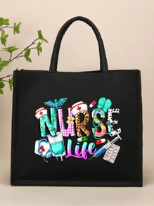 护士节礼品袋，轻质亚麻包，便携式海滩旅行包，粗麻购物袋，海滩旅行包，送给朋友的礼品袋 - 黑色 - 查看 13