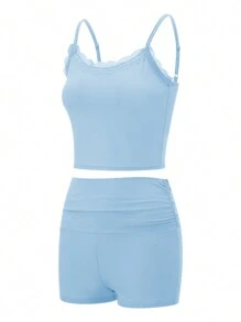 Women Y2k  Pajama Set Cute Lace TrimSpaghetti Strapless Top High Waist Lounge Shorts Matching Set Causal 2 Piece Sleepwear - 藍色 - 查看 6