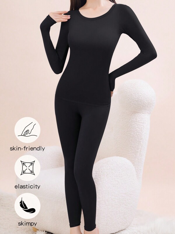 1set Women Autumn Top & Pants Set, Wireless Seamless Padded Bras & Thermal Underwear, Thin & Semi-Transparent For Undershirt And Leggings