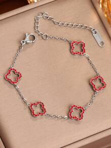 1 chiếc vòng tay bằng thép không gỉ mới thời trang độc đáo hình hoa bốn lá rỗng pha lê hình cỏ ba lá cho phụ nữ, phong cách hợp thời trang Châu Âu và Mỹ - Vòng tay hoa bốn lá rỗng đầy kim cương - Xem 13