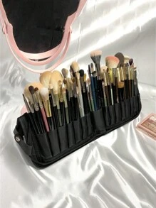 1 Porta-pennelli professionali per truccatori, pieghevole con cerniera, spaziosa, capacità grande, 14 fori in PU o 29 fori in tela, custodia portaoggetti cosmetici portatile con tasca, organizer per pennelli trucco, custodia da viaggio pieghevole e in piedi,  per conservare i cosmetici, portatile, durevole e asciuga rapidamente - pennelli non inclusi, accessori per il bagno, organizer per il trucco, decorazioni per il bagno, articoli per vacanze estive, accessori per il ritorno a scuola - nero - Visualizzare 7