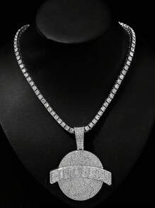 1pc Hip-Hop Style Alloy Circle Pendant Necklace With Letter & Rhinestone Detail, Unique Personalized Link Jewelry Accessory For Nightclub Party - Hip Hop Pendant - View 8