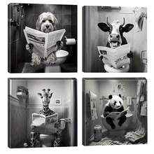 4 Stück/Set gerahmte einfarbige Leinwand Poster, Badezimmer Tiere lesen Zeitungen Malerei, Leinwand Wandkunst, Wandbild als Geschenk, für Schlafzimmer, Büro, Wohnzimmer, Café, Bar, Wanddekoration, Heim- und Studentenwohnheimdekorationen. Poster, Wandkunst, Zimmerdeko-Accessoires