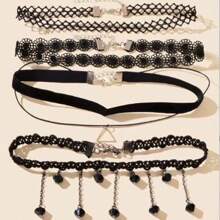Gothic Collar Choker Necklace Set, Lace Necklace 4pcs/Set - Black - View 6