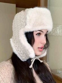 1pc Women's Solid Color Striped Trapper Hat, Fashionable And Versatile Knitted Cable Beanie For Autumn/Winter, Suitable For Outdoor Activities Like Skiing