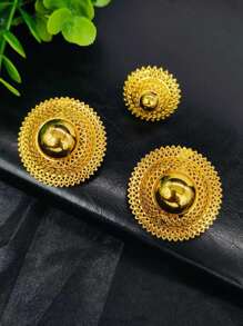 1 条项链，1 对耳环，1 枚戒指，花形 3 件首饰套装，中东迪拜欧洲美国沙特阿拉伯非洲婚礼派对女士首饰套装，镀金首饰项链耳环戒指 - 金黃色 - 查看 3