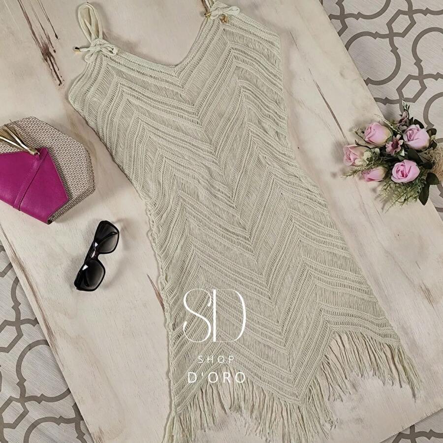 Beach Cover-Up With Fringes And Ocean Waves - Beige - View 1