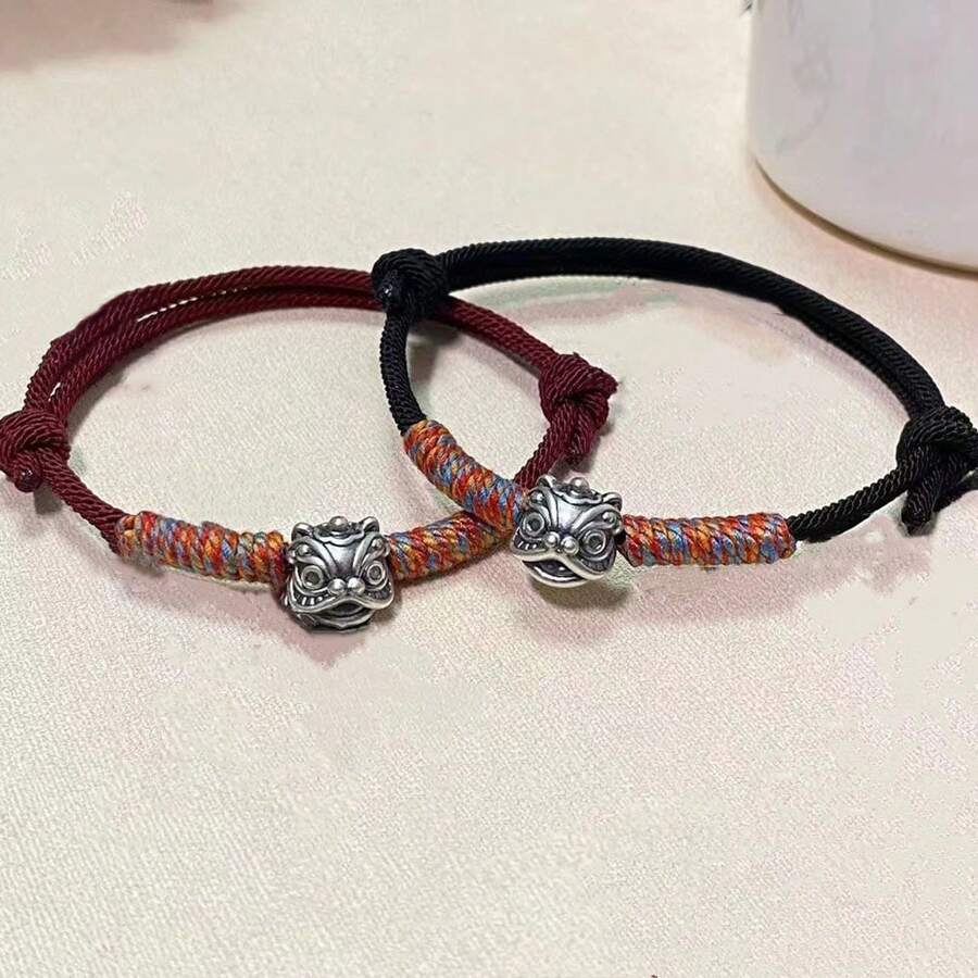 1 件款式百搭守护狮绳手链，手工编织酒红色绳，简约中国复古风格护身符腕带 - 彩色 - 查看 1