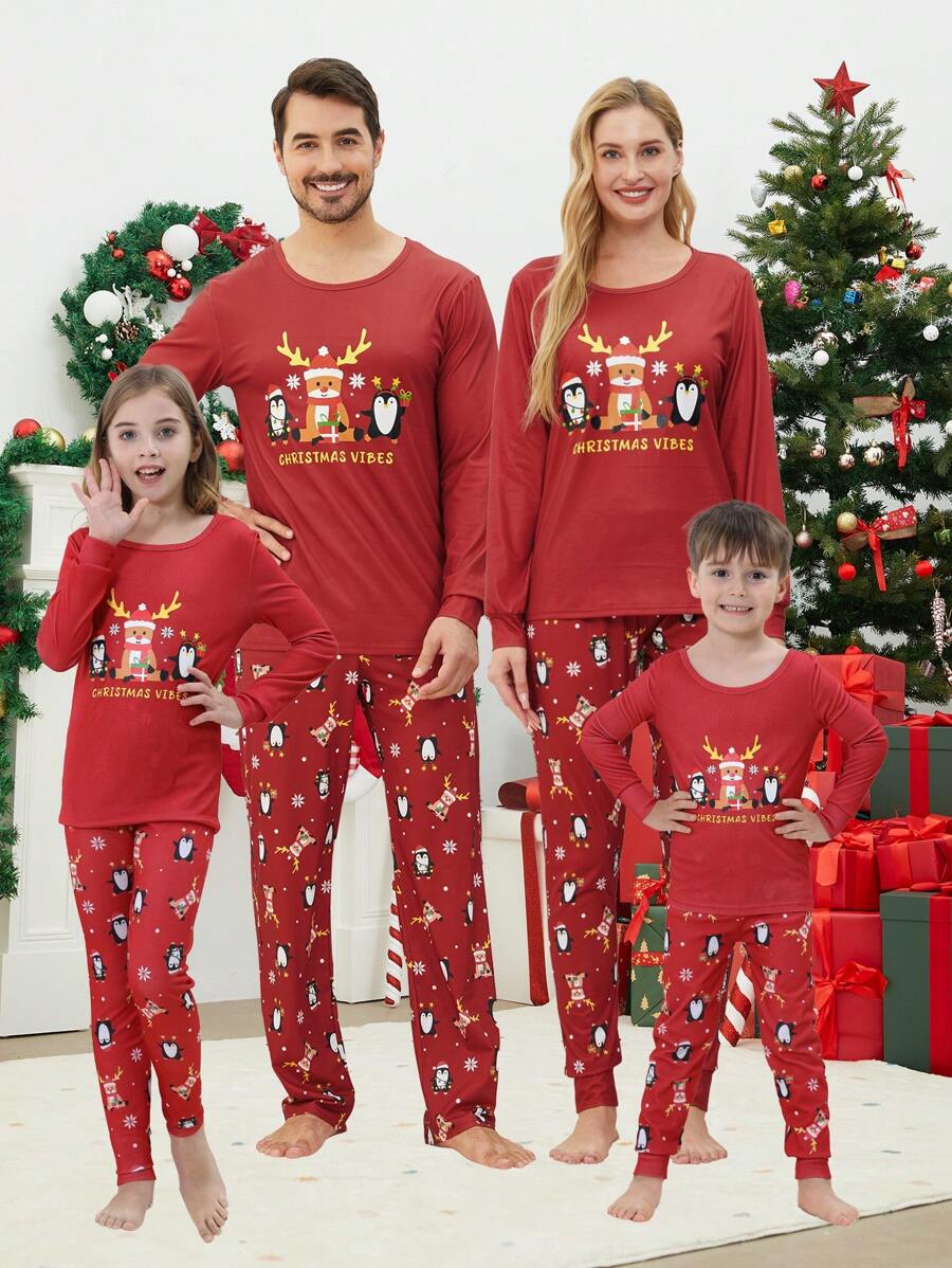 2pcs/Set Tween Girl Christmas Family Matching Snug Fit Pajamas, Cute Deer & Penguin Print Long Sleeve Top And Pants, Comfortable Holiday Home Outfit Set - Red - View 1
