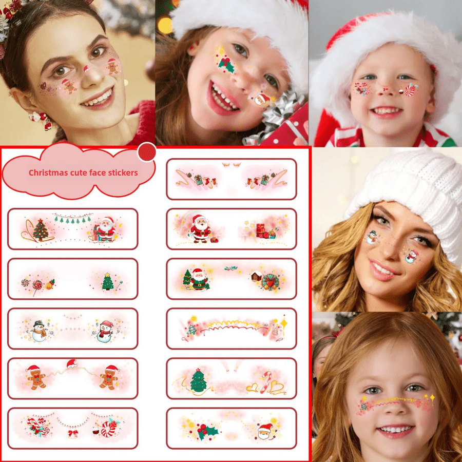 Christmas Face Temporary Tattoos, 11 Christmas Fake Blush Stickers, Kids Christmas Cute Makeup Stickers Cartoon Sweetheart Girls Temporary Tattoo Stickers