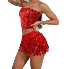 Women's Belly Dance Hip Scarf Skirt Sparkly Tassel Disco Outfits Sequin Wrap Rave Costumes Fringe Skirt - Multicolor - View 24