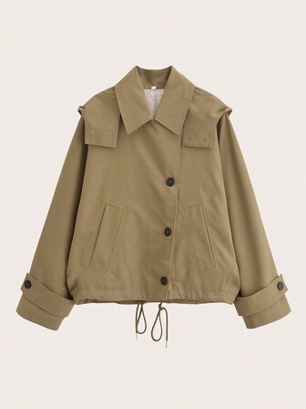 Women's Solid Color Long Sleeve Single-Breasted Casual Loose Hooded Trench Coat, Autumn