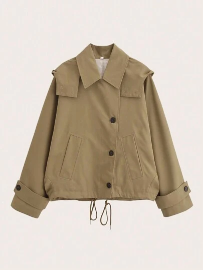 女士纯色长袖单排扣休闲宽松连帽风衣，秋冬优雅款