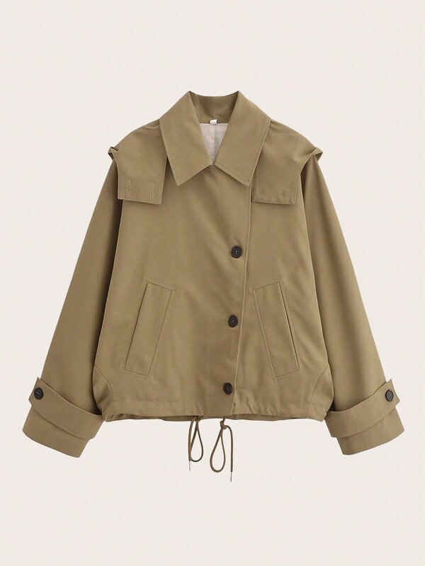 女士纯色长袖单排扣休闲宽松连帽风衣，秋冬优雅款