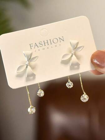 1 Pair White Bow & Tassel Long Rhinestone Earrings, Sweet Girl Ear Studs Valentines,Mom,Mother,Mother's Day,Gift