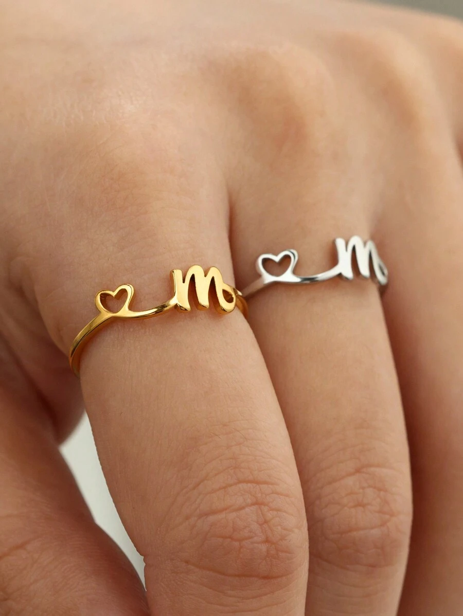 1Pc Dainty Initial Ring With Heart Minimalist 26 English Letters Stainless Steel Open Adjustable Ring Ladies' Charm Jewelry Accessories Valentines - JZ7117 - View 1