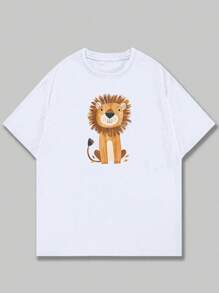 T-Shirt Shirt Lion Design Unisex Fashion Printed Blouse Cotton - 白色 - 查看 1