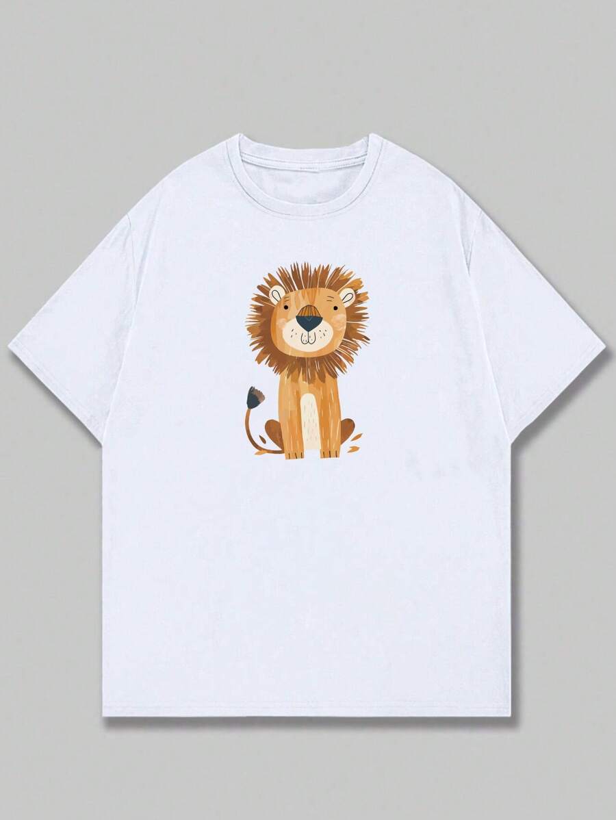 T-Shirt Shirt Lion Design Unisex Fashion Printed Blouse Cotton - 白色 - 查看 1