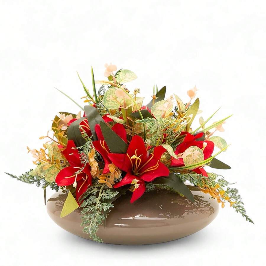 Christmas Arrangement Lilies Artificial Flower Glass Vase Centerpiece - 紅色 - 查看 1