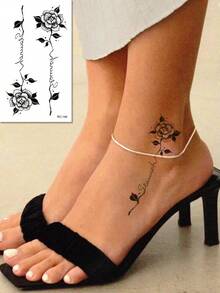 玫瑰文字小图案临时纹身贴纸，防水防汗，优雅简约女性假纹身，小尺寸人体艺术，适用于锁骨、脚踝、手腕区域，持续 2-5 天，可遮盖疤痕，适用于手臂、手腕、肩膀、腿部、腰部、颈部、背部、胸部 - 黑色 - 查看 2