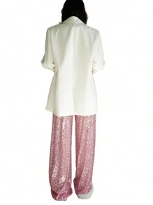Women Sequins Wide Leg Pants Shiny Loose Casual Elastic High Waist Trousers For Work Office Streetwear - Hồng - Xem 7
