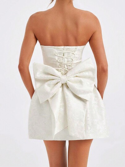Women Elegant Jacquard Strapless Bow Decor Mini Dress,Removable Shoulder Strap,Outfit For Date,Party,Wedding Dress,Bridesmaid Dress,Graduation Dress,Tie Rope At The Back To Adjust The Tightness