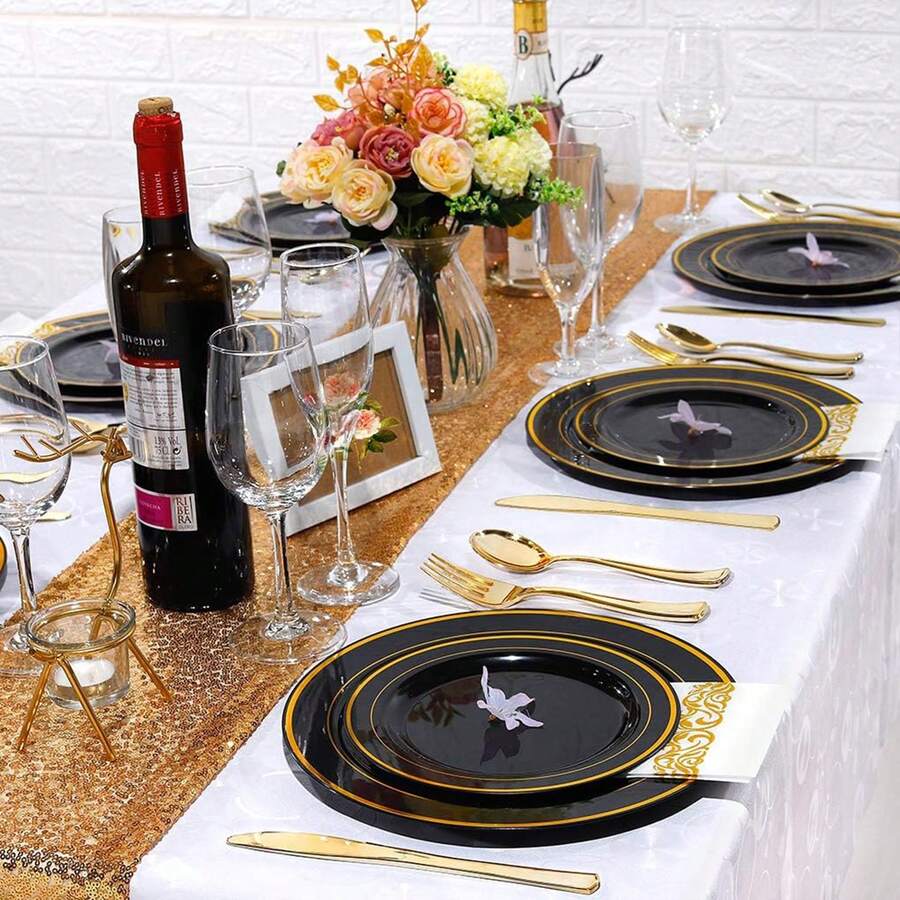 Black Dinnerware Set Includes 9Inch Dinner Plates, 7Inch Salad
