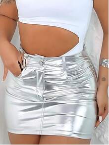 Women's Short Silver Metallic Skirt With Elegant Pocket New Release - Silver - View 5