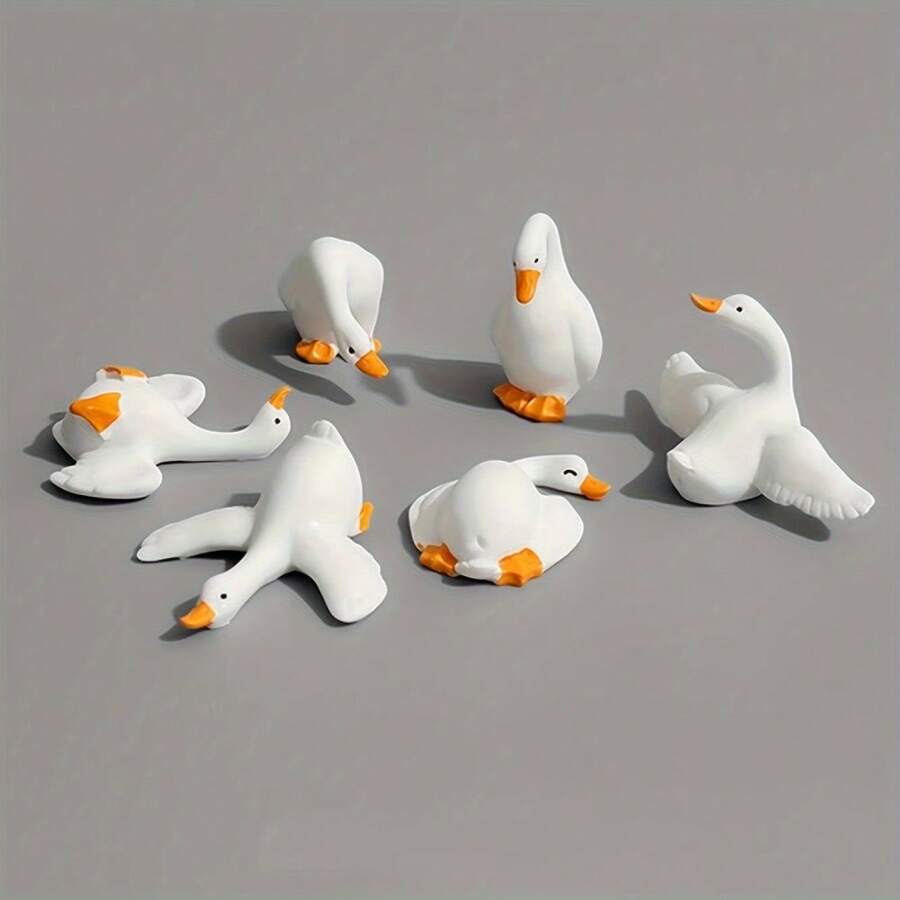 6pcs Set Of Adorable White Goose Figurines - Resin Crafted Desktop Ornaments For Home & Garden Decor Cute And Funny Little White Duck, Perfect Gift For Family And Friends In The Healing Series - Multicolor - View 1