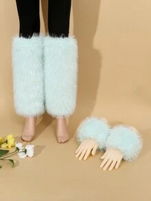 全新秋冬时尚蓬松柔软户外休闲防风保暖纯色女士臂袖和腿部保暖套装，涤纶混纺毛绒饰边休闲性感腿部/手臂保暖器 - 常規款 - 查看 10