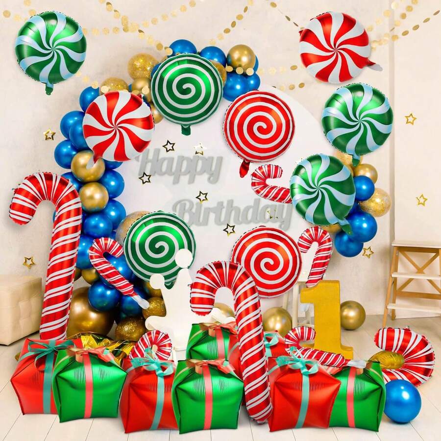 16Pcs Christmas Foil Balloons Large Candy Cane Balloons With Ribbons