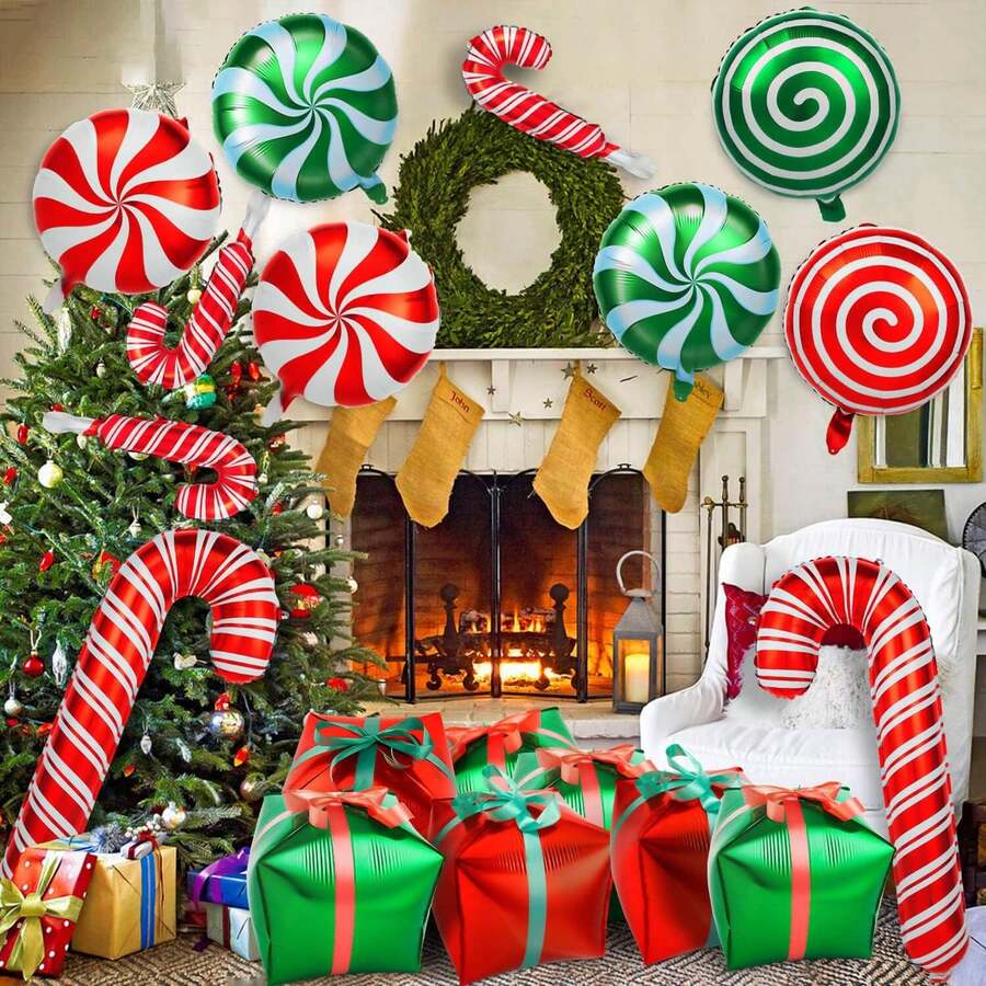 16Pcs Christmas Foil Balloons Large Candy Cane Balloons With Ribbons