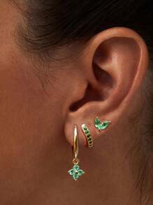 一套不锈钢绿色水晶锆石耳环，女士几何耳骨穿孔耳环，时尚饰品 - 彩色 - 查看 1