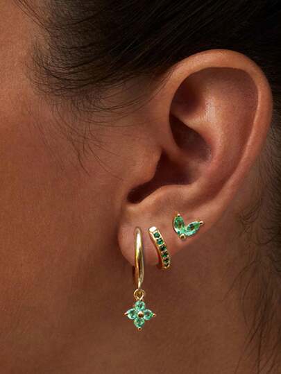 一套不锈钢绿色水晶锆石耳环，女士几何耳骨穿孔耳环，时尚饰品