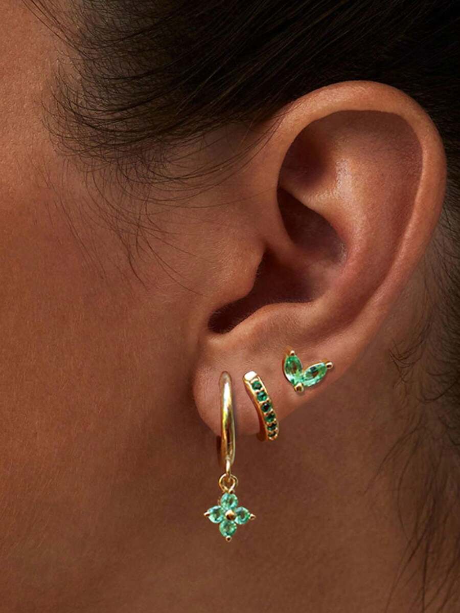 一套不锈钢绿色水晶锆石耳环，女士几何耳骨穿孔耳环，时尚饰品 - 彩色 - 查看 1
