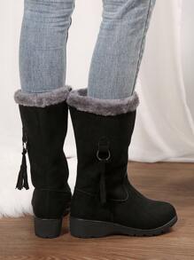 1 par de botas de neve femininas da moda - confortáveis, quentes, cano médio, bico redondo, forro de tecido macio, sola antiderrapante com zíper lateral, inverno