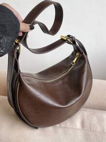 Women Leather Dumpling Handbag, PU Leather Solid Color Saddle Shoulder Bag With Adjustable Strap, For Daily Commute - Coffee Brown - View 9