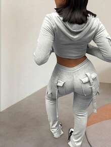 Women Autumn Solid Color Long Sleeve Zip Front Hooded Jacket & Side Slit Pocket Pants Set - Light Grey - View 3