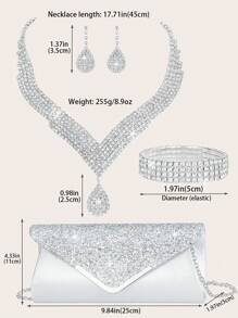 Women's Silver Rhinestone Necklace Evening Wear Metal Chain Bag 4 Pieces Women's Rhinestone Evening Wear Clutch Bag, Bridal Wedding Necklace Pendant Flash Wallet, Suitable For Party, Wedding, Ball, Dinner/Banquet, Wedding Dress, Formal Dress, Prom Dress, Birthday Dress, Party Dress