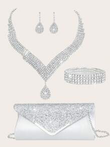 Women's Silver Rhinestone Necklace Evening Wear Metal Chain Bag 4 Pieces Women's Rhinestone Evening Wear Clutch Bag, Bridal Wedding Necklace Pendant Flash Wallet, Suitable For Party, Wedding, Ball, Dinner/Banquet, Wedding Dress, Formal Dress, Prom Dress, Birthday Dress, Party Dress