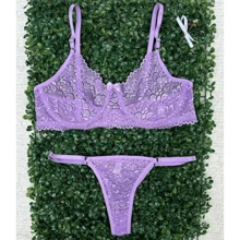 Lace Thong Panty Set With Lace Bra Without Underwire Lingerie - Lilac Purple - View 2