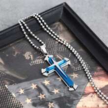 Men's Stainless Steel Cross Necklace, Blue & Black, Versatile Hip-Hop Minimalist Jewelry Gift - Blue - View 3