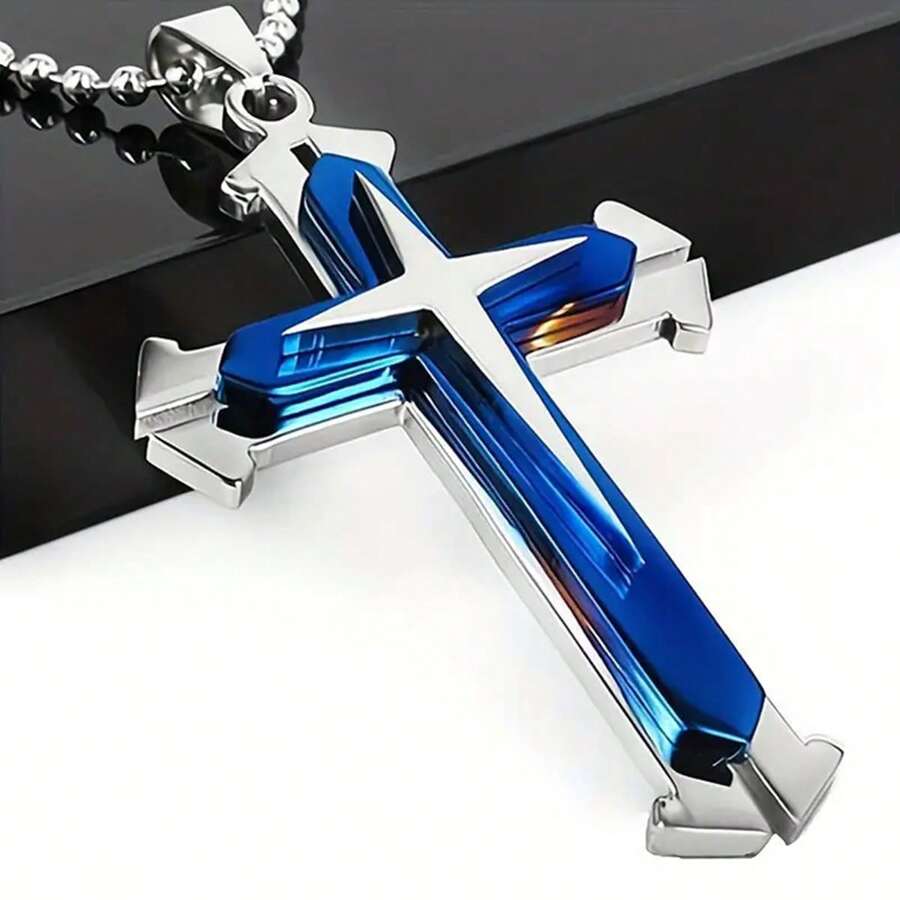 Men's Stainless Steel Cross Necklace, Blue & Black, Versatile Hip-Hop Minimalist Jewelry Gift - Blue - View 1