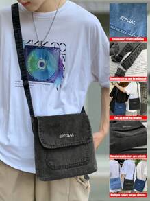 peach tree Bolsa Transversal de Lona Lavada Monocromática Estilosa para Homens - Preto - Visão 1