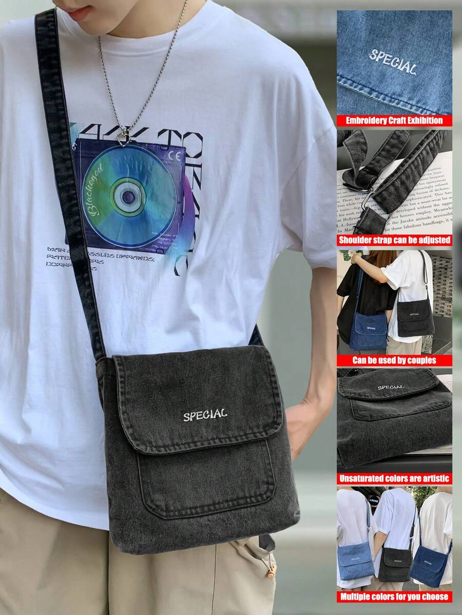 peach tree Bolsa Transversal de Lona Lavada Monocromática Estilosa para Homens - Preto - Visão 1