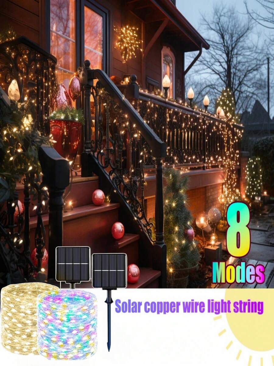 1 件太阳能仙女灯，8 种模式户外铜线灯串，适用于圣诞节、婚礼、派对、庭院和花园，非常适合户外氛围 - 彩色 - 查看 1