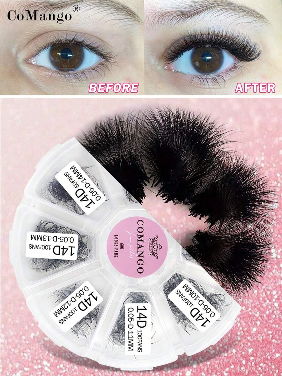 CoMango 600Fans 混合8-15mm 散装扇形睫毛延长 0.05/0.07mm 尖头底座 3D/6D/10D/12D/14D/16D 浓密预制扇形睫毛延长睫毛簇、睫毛簇、单根睫毛、睫毛、假睫毛 - 彩色 - 查看 1