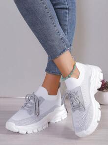 女士轻质网眼透气跑步鞋，舒适低帮厚底运动鞋 - 綠色 - 查看 2